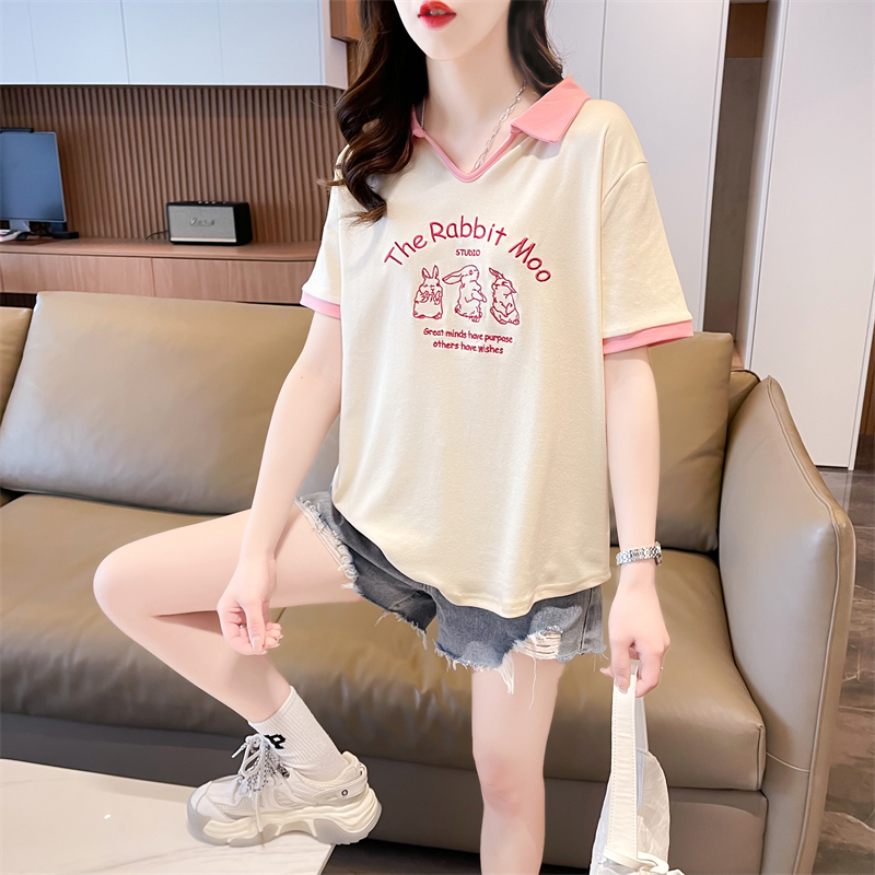 Real shot 2024 summer Korean style loose pure cotton back collar cartoon printed POLO shirt short-sleeved T-shirt for women