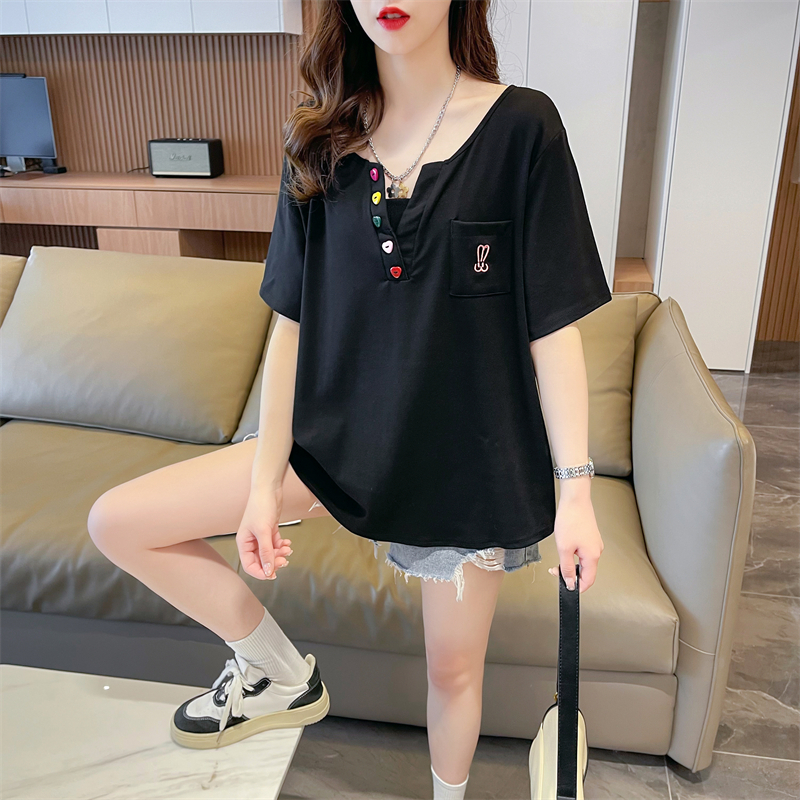 Real shot 2024 summer Korean style loose round neck button cartoon embroidered pocket short-sleeved T-shirt for women