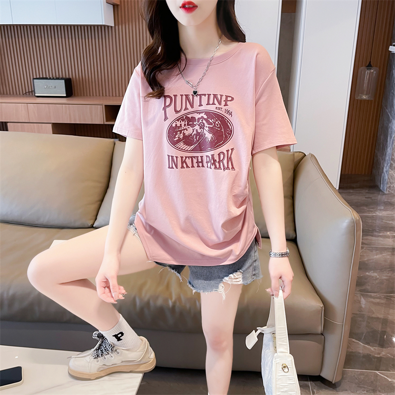 Real shot 2024 summer Korean style loose round neck cartoon print irregular waist short-sleeved T-shirt for women