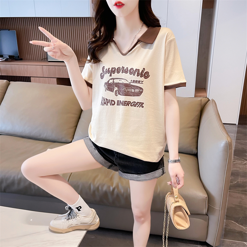 Real shot 2024 summer Korean style loose pure cotton back collar cartoon printed POLO shirt short-sleeved T-shirt for women