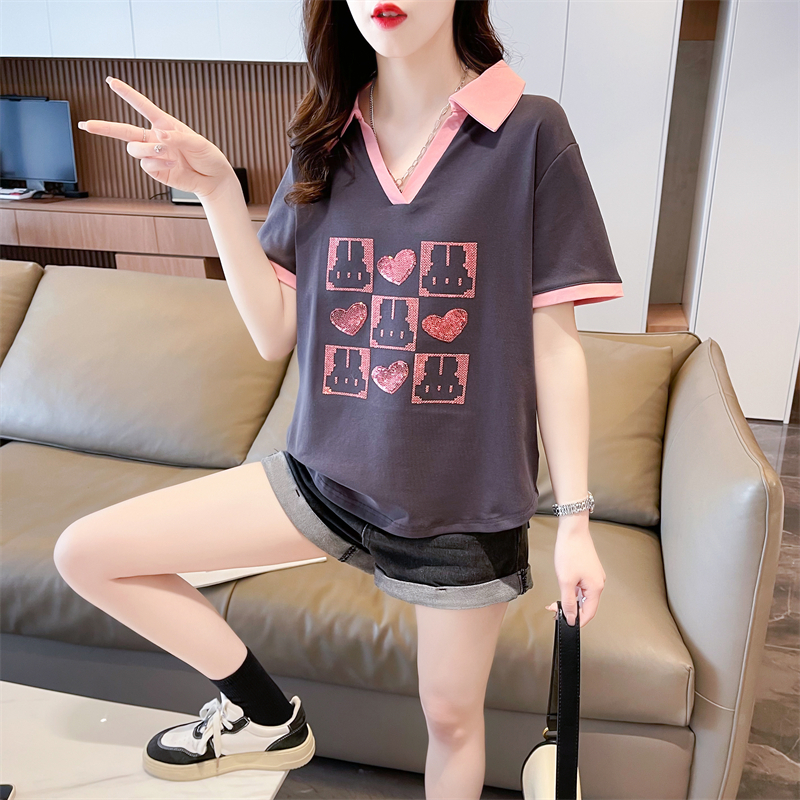 Real shot 2024 summer Korean style loose pure cotton back collar cartoon printed POLO shirt short-sleeved T-shirt for women