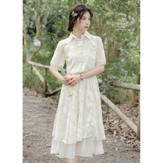 批发国风小清新温柔感连衣裙两件套淑女风改良新中式旗袍+盘扣开<b class='q'>衫</b>女