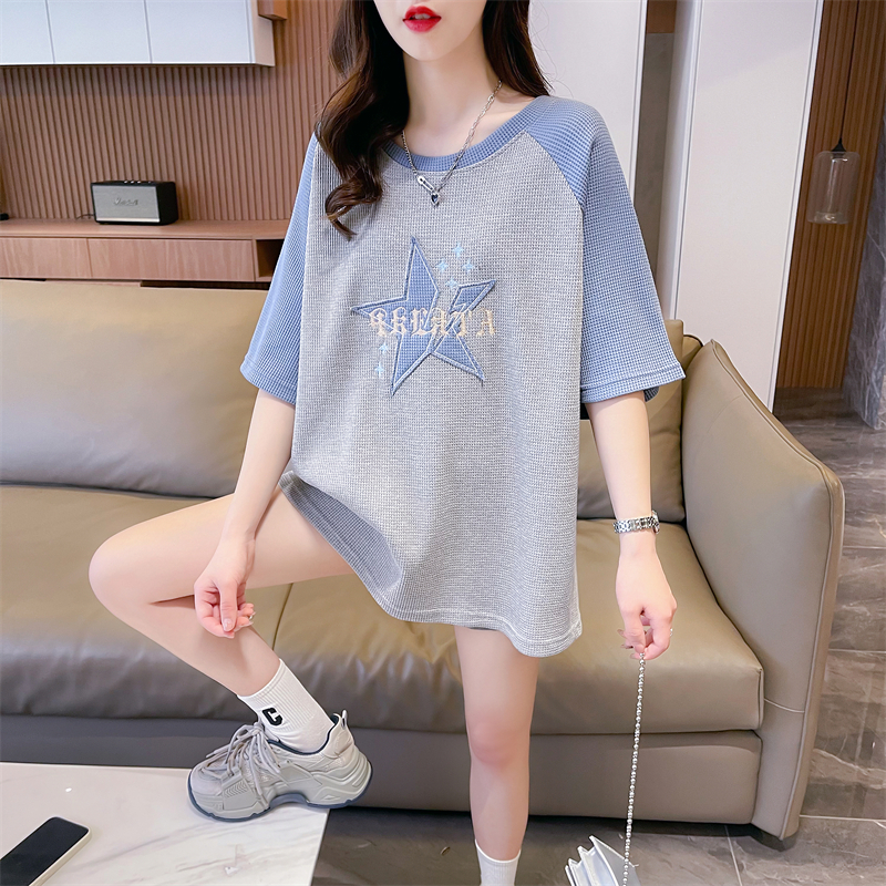 Actual shot of 2024 summer Korean style loose round neck waffle raglan sleeves cartoon print short-sleeved T-shirt for women