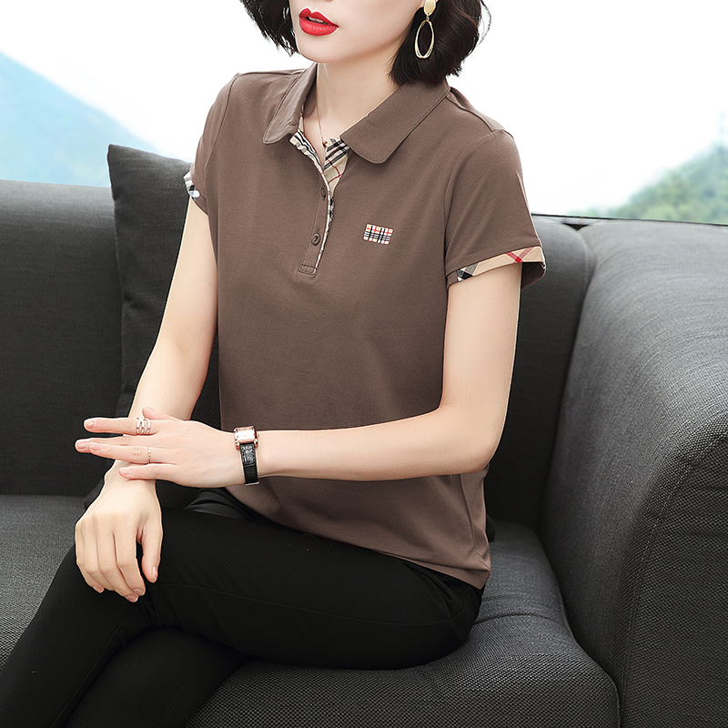 여름 있음 칼라 패치워크 체크무늬 맨위 여성 캐주얼 빅 사이즈 폴로 칼라 POLO 셔츠 납 티셔츠 여성 루즈핏 엄마
