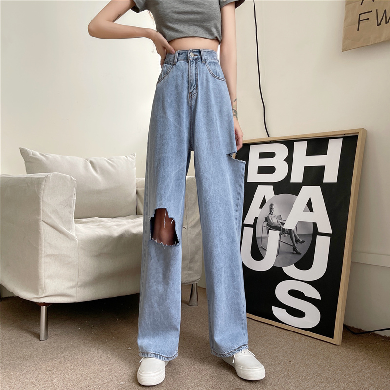 Real shot spring and summer new style ripped jeans female Korean version straight loose pants wide leg pants trendy