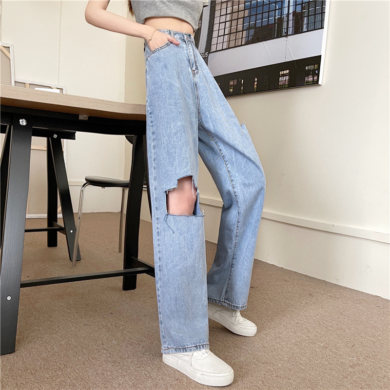 Real shot spring and summer new style ripped jeans female Korean version straight loose pants wide leg pants trendy