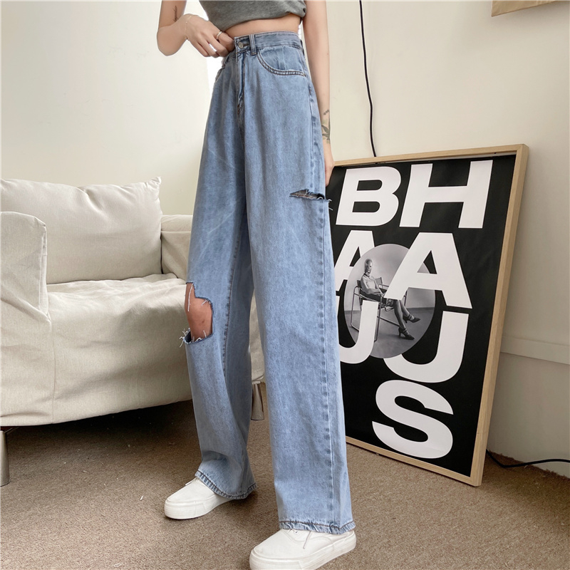 Real shot spring and summer new style ripped jeans female Korean version straight loose pants wide leg pants trendy