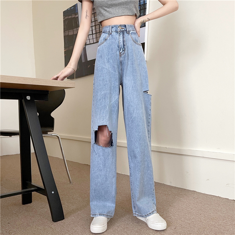 Real shot spring and summer new style ripped jeans female Korean version straight loose pants wide leg pants trendy