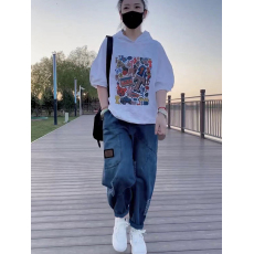 批发两件<b class='q'>套装</b>女2026年夏季新款印花连帽短袖上衣+水洗破洞牛仔<b class='q'>哈伦裤</b>