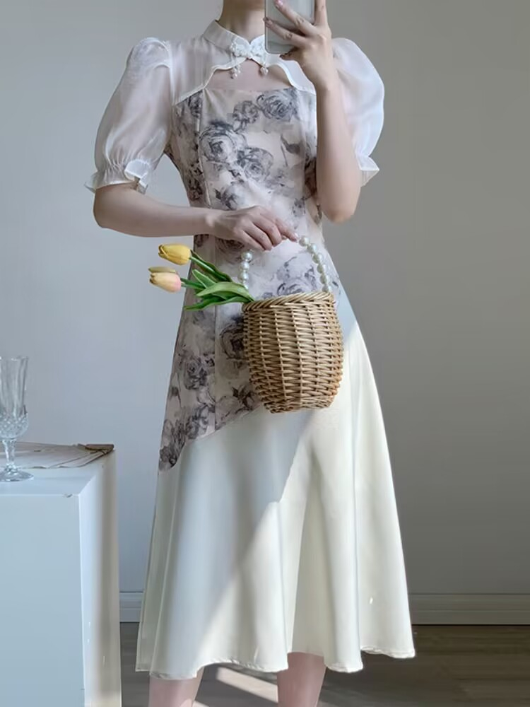 Improved cheongsam dress female summer ink painting French puff sleeve fairy seaside vacation new Chinese style national style dress