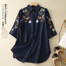 批发大女主风<b class='q'>衬衫</b>中长款绣花宽松直筒中国风翻领棉质大码七分袖上衣女