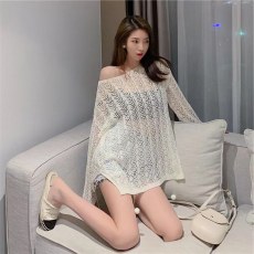 批发镂空薄款上衣女2026夏季宽松薄款慵懒风<b class='q'>长袖</b>防晒针织罩衫中长款
