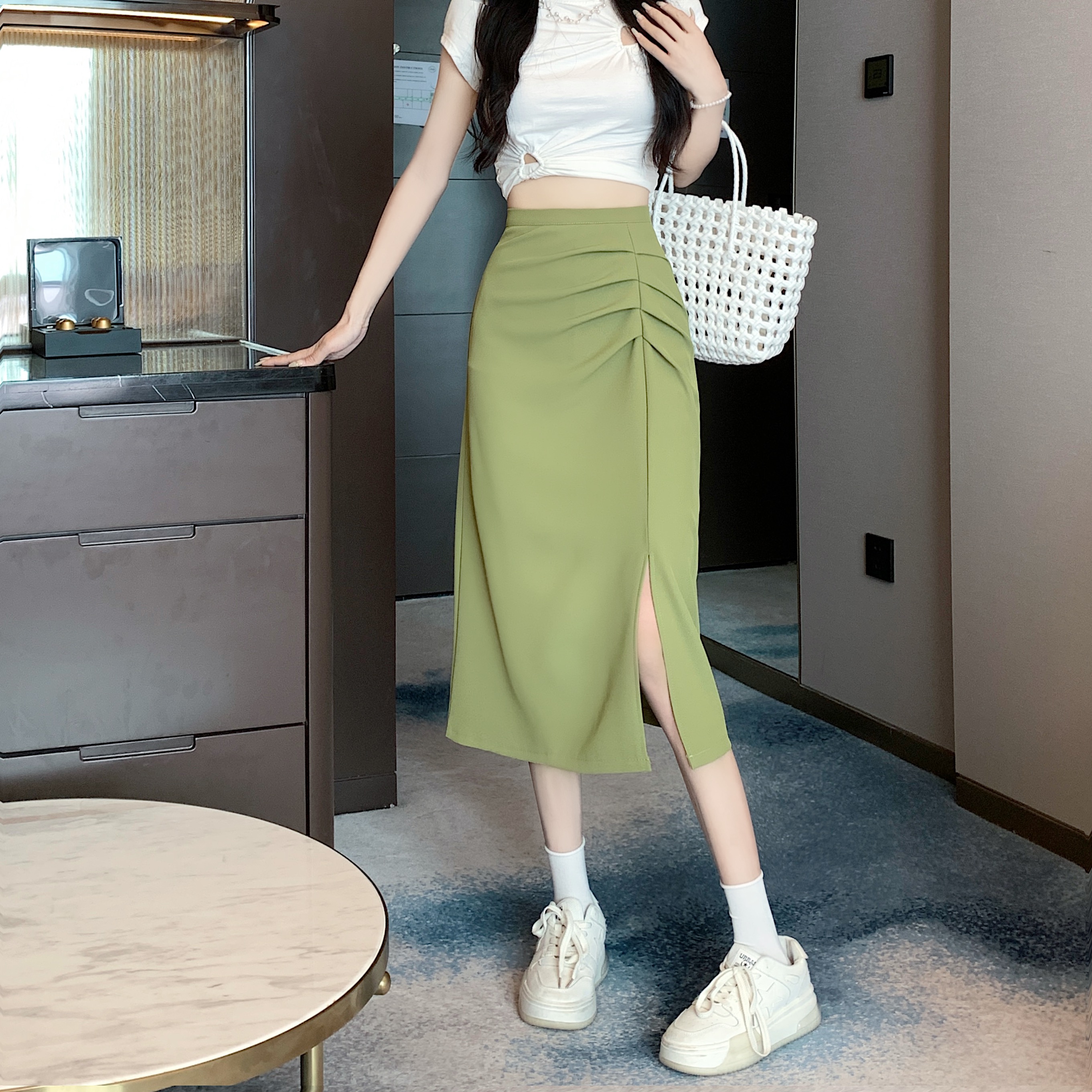 实拍褶皱开叉包臀裙高腰中长款a字裙女夏季高腰半身裙