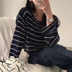 批发实拍大码 chic一字领慵懒休闲条纹长袖防晒罩衫胖mm薄款冰丝上衣