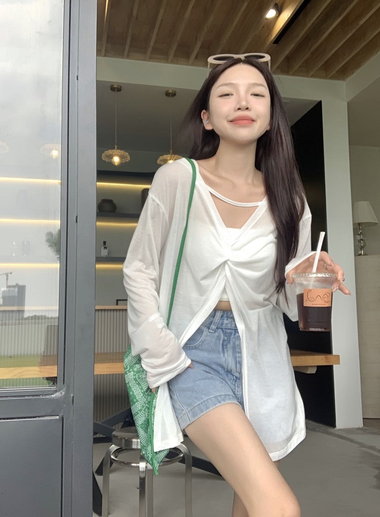 실사 봄 새로운 전후 둘 착용 비틀림 트임 얇은 스타일 긴팔 맨위 루즈핏 가면 센스 태양 보호 셔츠 티셔츠