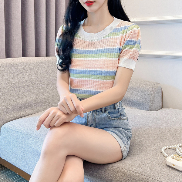 RM18407#夏季新款彩虹条纹短袖圆领修身T恤薄款冰丝针织女