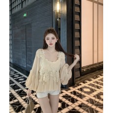 批发实拍实价~法式方领雪纺衬衫夏重工蕾丝拼接衬衣小众<b class='q'>清凉</b>两件套
