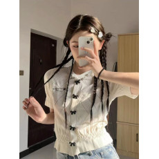 批发早春新款韩系甜美白色木耳边短袖镂空T恤蝴蝶结针织开衫上衣女