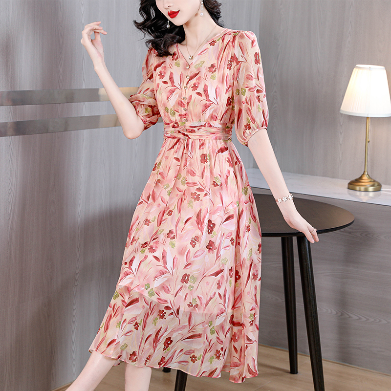 MY8575# 红色春日印花温柔连衣裙女夏季新款时尚气质中袖A版大摆过膝长裙女裝貨源服裝批發