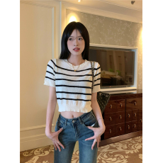 批发实拍实价 夏季新款圆领复古条纹<b class='q'>针织衫</b>薄款短袖T恤女上衣