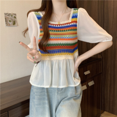 批发实拍~夏季新款民族风针织拼接撞色减龄洋气彩虹条纹短袖上衣