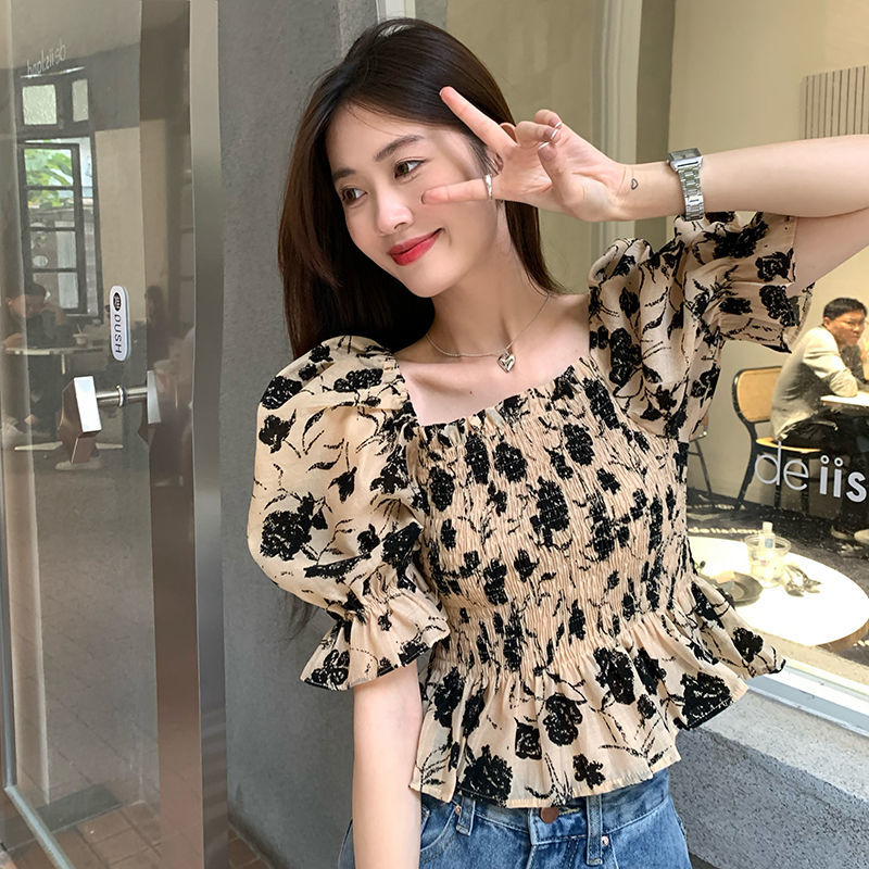 빅 사이즈 프랑스식 광장 칼라 꽃무늬 여성 셔츠 디자인 센스 작은 대중 쇼트 스타일 셔츠 여름 지방 mm 요정 품격 맨위