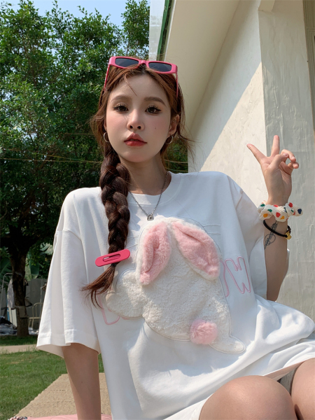 RM15896#夏季可爱兔兔情侣宽松男女艺术流行学院短袖T恤女