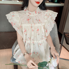 实拍新款韩版时尚百搭甜美碎花荷叶边飞飞袖蔷薇物语宽松显瘦上衣