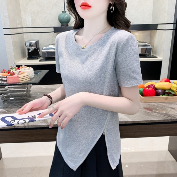 RM16941#设计感不规则边拉链开叉短袖T恤女夏装韩版独特纯棉上衣女