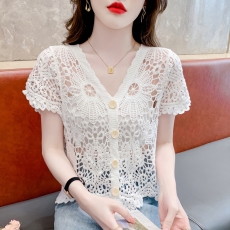 批发钩花<b class='q'>镂空</b>针织开衫女夏季短袖外搭薄款配吊带裙子防晒罩衫短款上衣