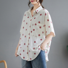 批发实拍2026夏季新款复古风印花波点<b class='q'>衬衫</b>短袖口袋款POLO领宽松女上衣