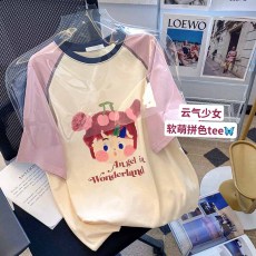 批发21支精梳棉短袖<b class='q'>t</b><b class='q'>恤</b>女夏2026插肩袖印花圆领上衣大码女装200斤
