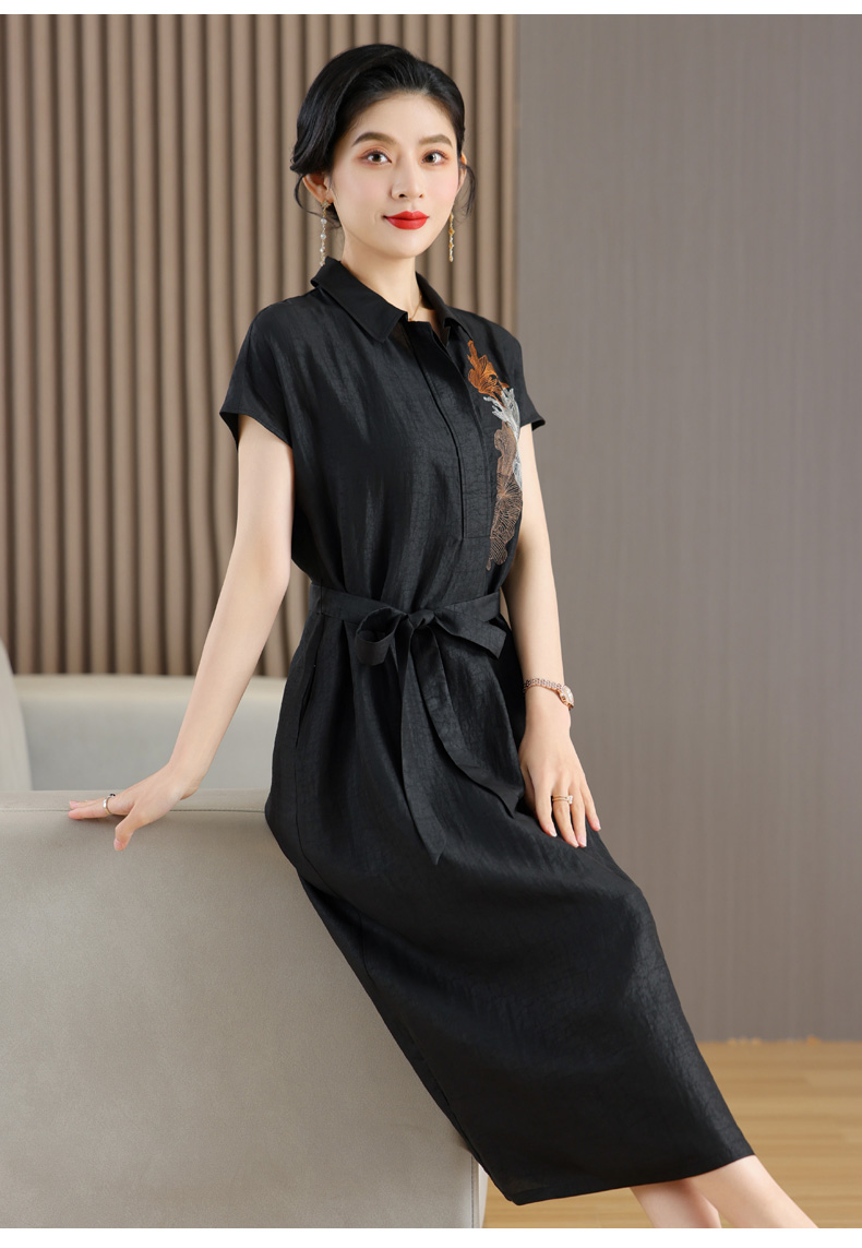 香云纱连衣裙新款女龟裂纹黑色2024真丝桑蚕丝高端大牌裙子妈妈夏