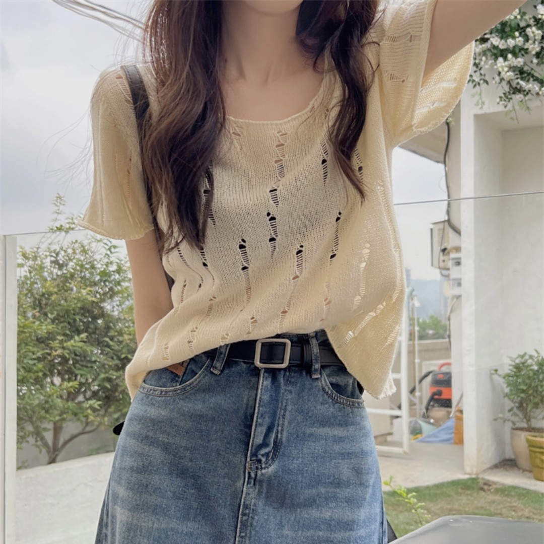 French T-shirt summer women's pure desire wind carefully machine hollow t-shirt knitted western style short section slim short-sleeved top