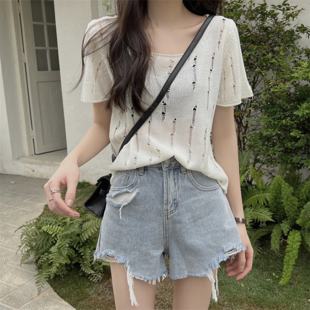 French T-shirt summer women's pure desire wind carefully machine hollow t-shirt knitted western style short section slim short-sleeved top