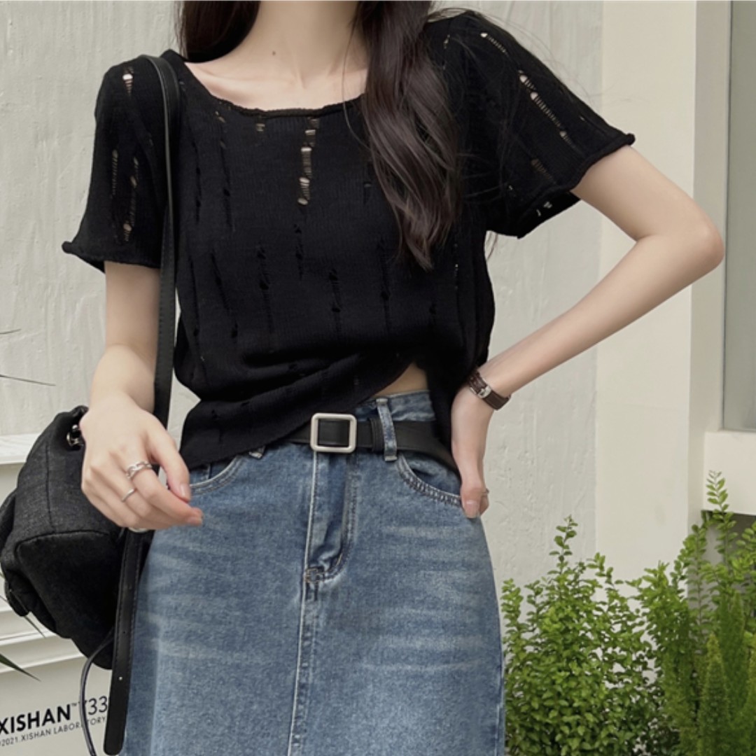 French T-shirt summer women's pure desire wind carefully machine hollow t-shirt knitted western style short section slim short-sleeved top