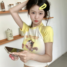批发满天星 已出货 纯棉 撞色<b class='q'>可爱</b>猫咪字母短袖t恤女夏季短款