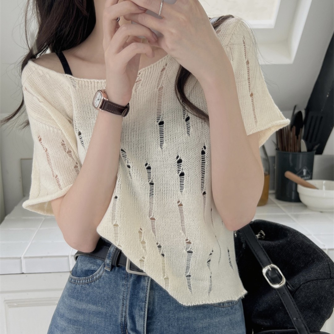 French T-shirt summer women's pure desire wind carefully machine hollow t-shirt knitted western style short section slim short-sleeved top