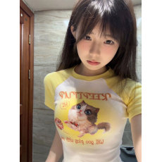 批发百合 已出货 纯棉 撞色<b class='q'>可爱</b>猫咪字母短袖t恤女夏季短款