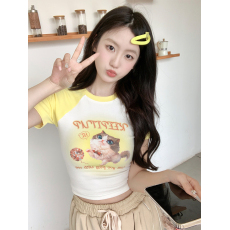 批发百合 已出货 纯棉 撞色<b class='q'>可爱</b>猫咪字母短袖t恤女夏季短款