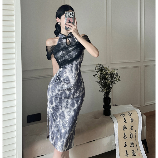 RM20168#新款女装复古花色国风挂脖式修身包臀改良款旗袍连衣裙