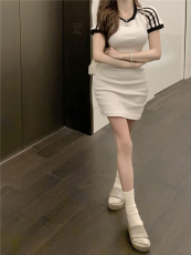 实拍 杏色针织拼接织带连衣裙长短款