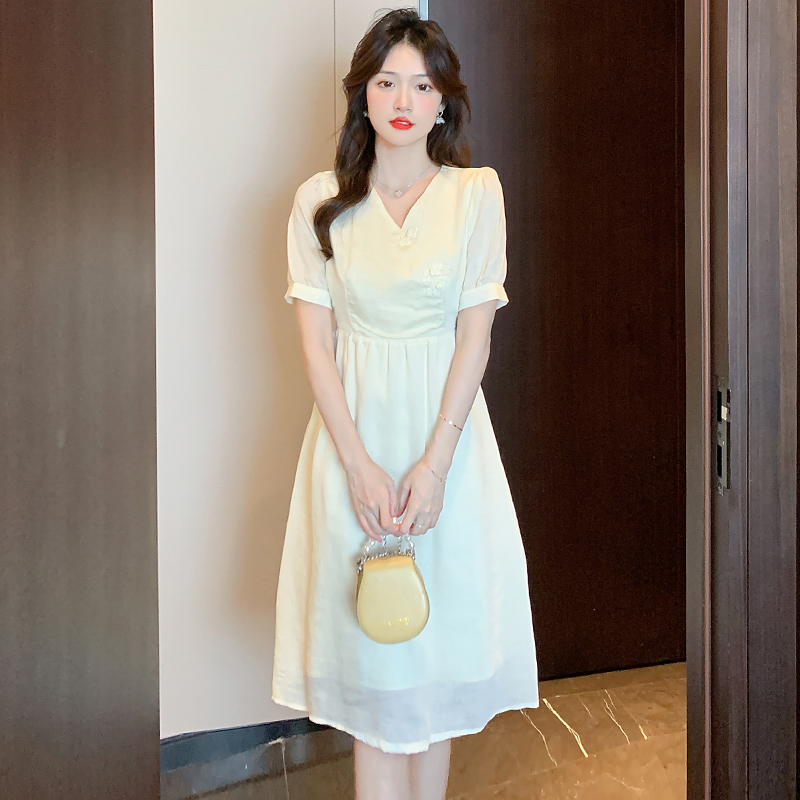 PF29437#春山漾/改良轻国风 连衣裙女夏设计感小众裙子v领初恋裙新款女裝貨源服裝批發