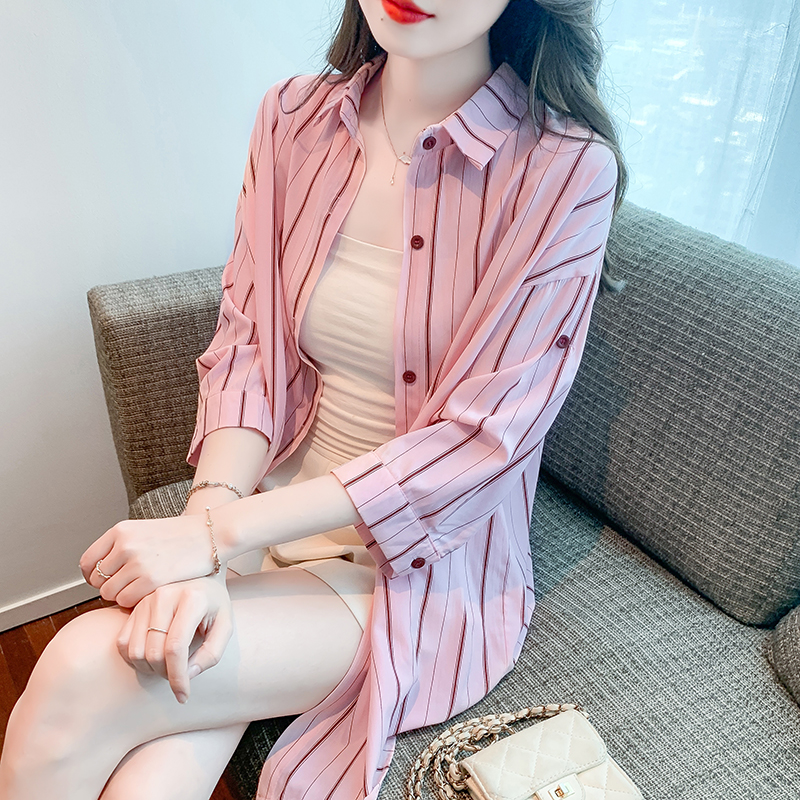 PF14883#韩版气质休闲条纹衬衫女夏季新款短袖防晒薄款开衫上衣