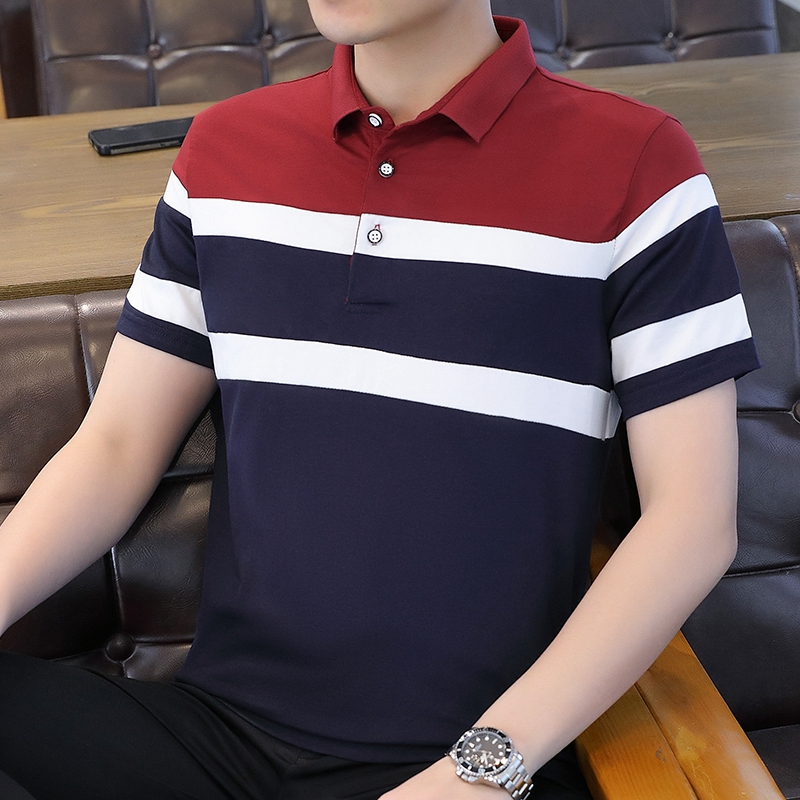 RM15983#男士高档t恤纯棉条纹夏季翻领英伦休闲保罗polo衫短袖体恤衫