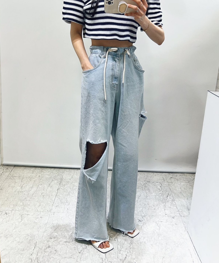 지금 자르기 장점 찢어진 부분 허리 캐주얼 바지 얇은 스타일 원단 청바지