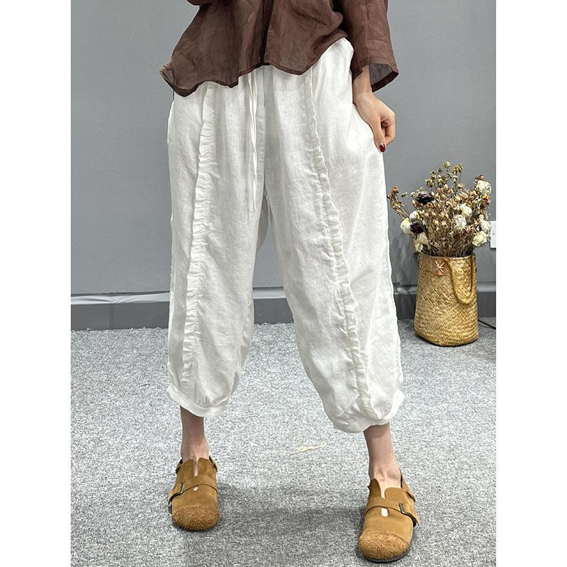 Washed cotton and linen summer new style wooden ears slimming harem pants literary solid color loose casual cropped pants women