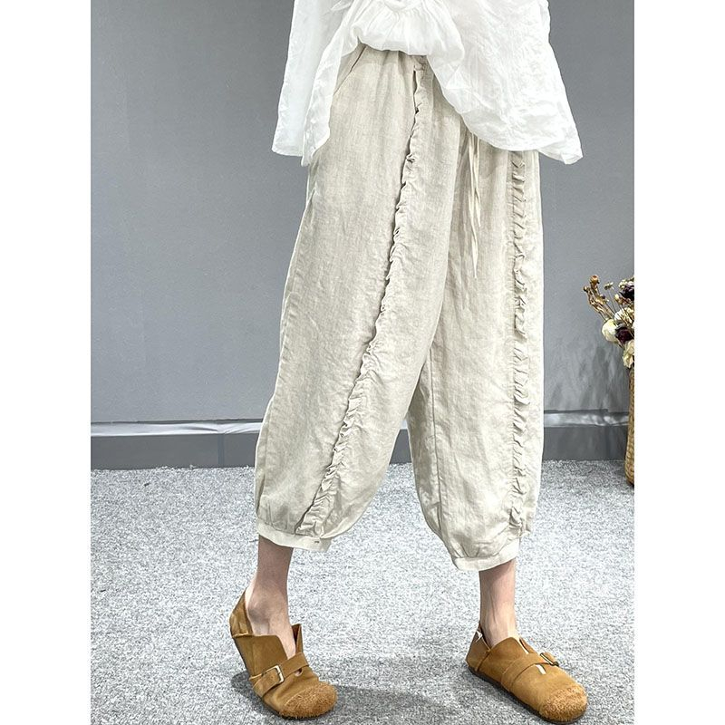 Washed cotton and linen summer new style wooden ears slimming harem pants literary solid color loose casual cropped pants women