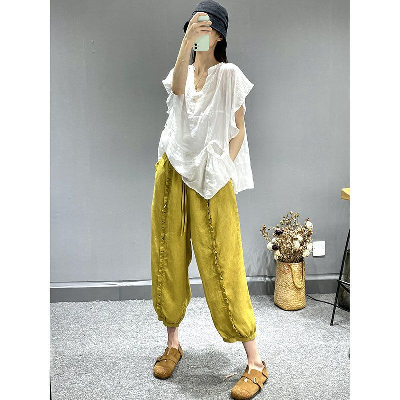 Washed cotton and linen summer new style wooden ears slimming harem pants literary solid color loose casual cropped pants women