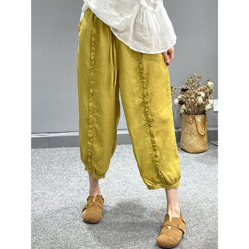 Washed cotton and linen summer new style wooden ears slimming harem pants literary solid color loose casual cropped pants women